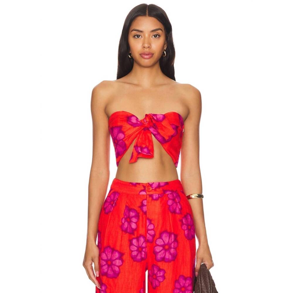 NEW RHODE toni floral linen bra top in scarlet bombay bloom
